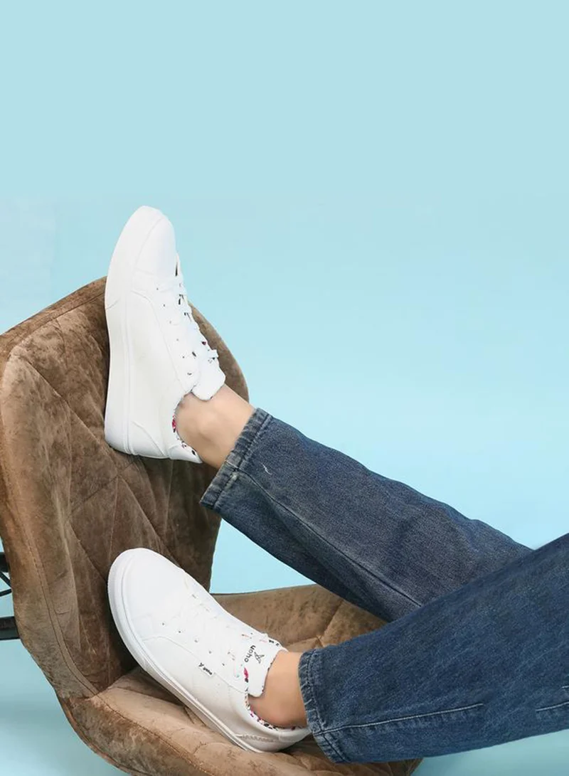 YOHO White Solid Lace Up Sneakers